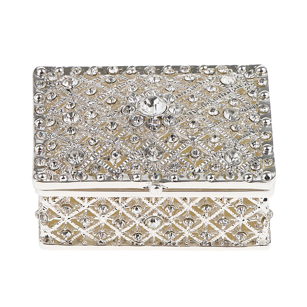 Rhinestone Hollow Storage Box silver color Plated Trinkets Magnet Clasp Case Wedding Gift Room Decorations