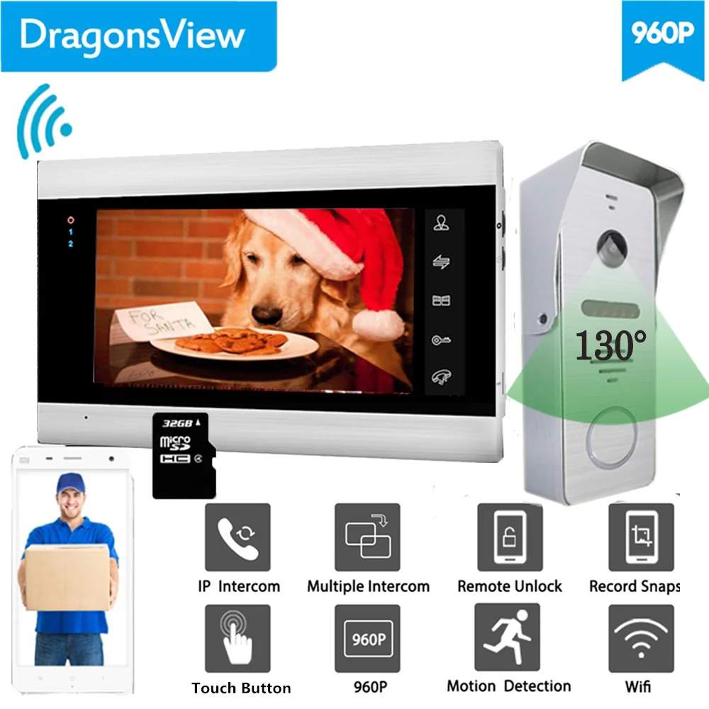 [Широкоугольный 960P 】Dragonsview 7 ''Wi Fi видеодомофон дверной звонок с камерой IP