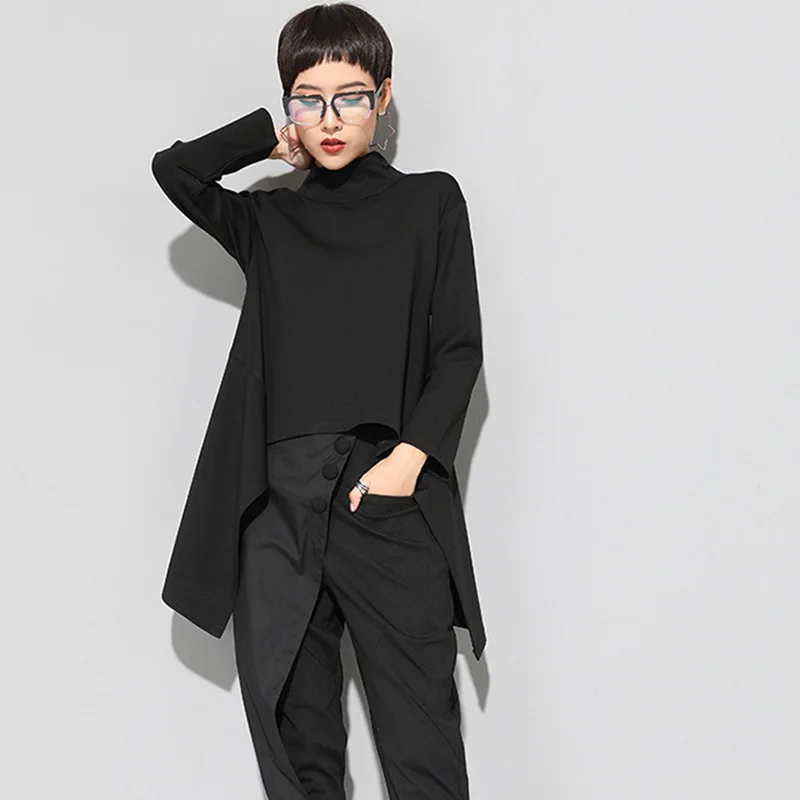 

See you love 2019 New Autumn Winter High Collar Long Sleeve Black Irregular Hem Loose T-shirt Women Fashion Tide All-match shirt