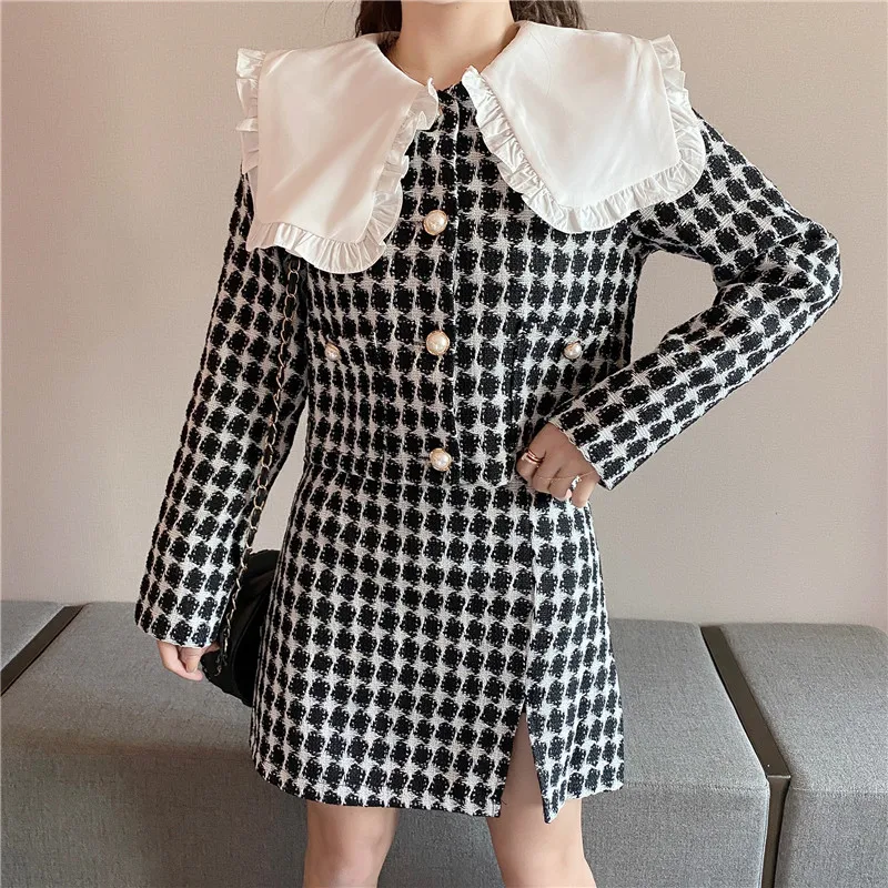 

Autumn Winter Female Tweed 2 Piece Set Houndstooth Doll Collar Short Jacket Coat + Split Skirt Suits Korean Sweet Two Piece Set