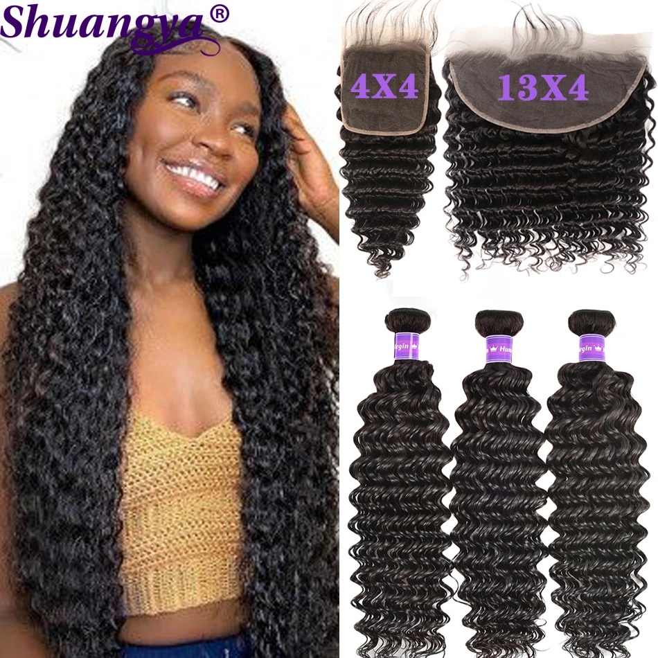 13x4 Lace Frontal with Bundles Peruvian Deep Wave 4X4 Closure With Curly Hair 5X5 HD CLosure | Шиньоны и парики