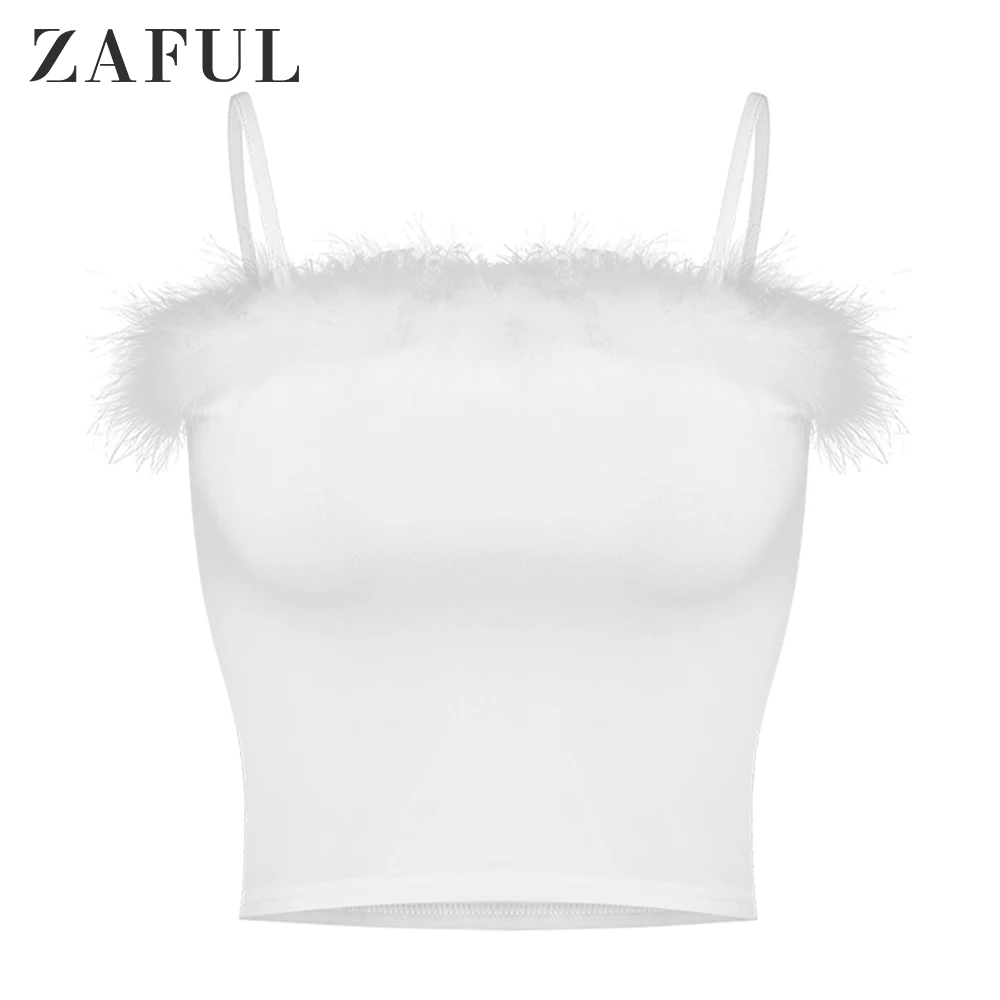 ZAFUL топ на бретельках с отделкой из перьев, Женские однотонные милые розовые Топики, Повседневная Уличная одежда, вечерние летние топы
