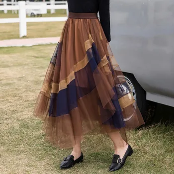 

Spring Colorful Mesh Skirt Women Korean Sweet Mid-Calf Patchwork Coffee A Line Skirts Office Ladies Casual Girl's Clothings
