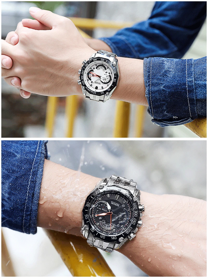 TEMEITE мужские часы из нержавеющей стали многофункциональные кварцевые часы с календарем аналоговые водонепроницаемые наручные часы Relogio Masculino