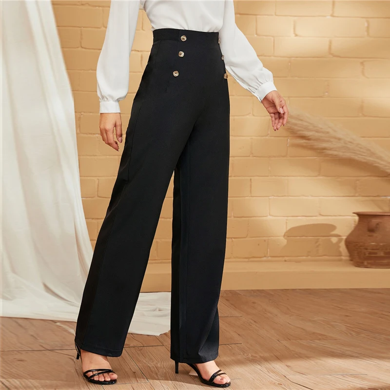 SHEIN Green двубортные прямые однотонные длинные брюки женские осенние с высокой талией прямые элегантные офисные платья Брюки
