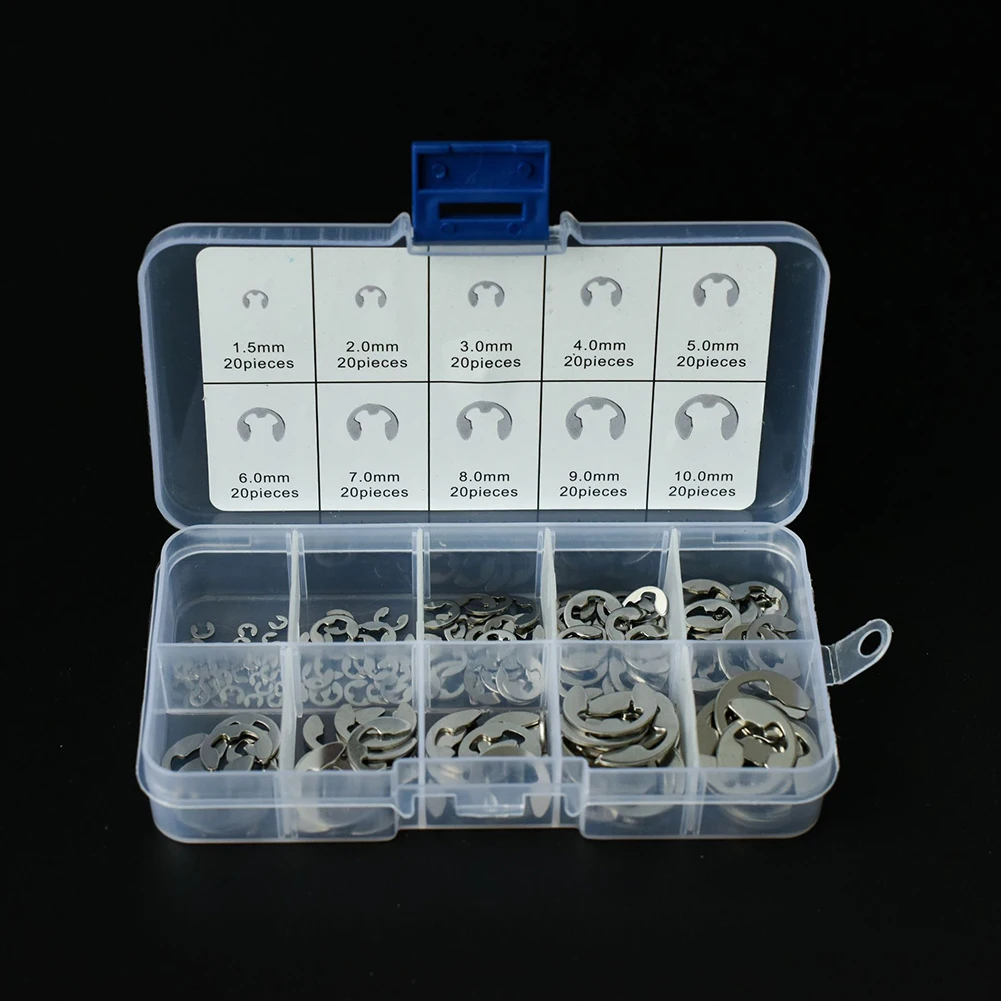 

200pcs 304 Stainless Steel E-Clip Retaining Circlip Assortment Kit 1.5mm - 10mm For Electrical Maintenance