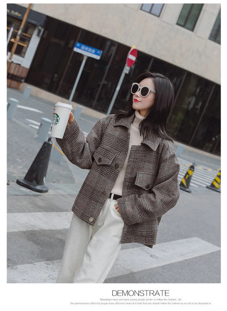 Pocket Trend Joint Elegant Fashion Casual Single Row Multi-buckle Winter Plaid Woolen Coat