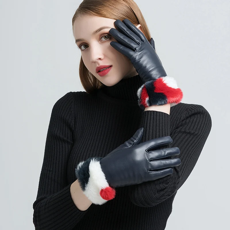 GOURS, зимние женские перчатки из натуральной кожи, модные, черные, темно-синие, с сенсорным экраном, теплые перчатки для вождения, новинка, варежки GSL085