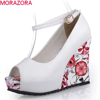 

MORAZORA 2020 plus size 33-43 women pumps peep toe print buckle summer wedges platform shoes high heel party wedding shoes woman