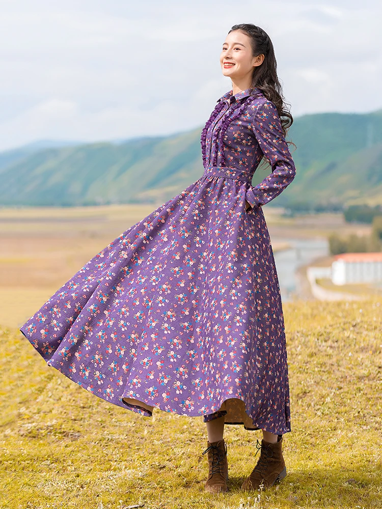 

Free Shipping Boshow 2019 New Fashion Women Cotton Long Maxi Purple Flower Print Spring And Autumn Bohemian Turn-down Collar High Waist Dress S-L