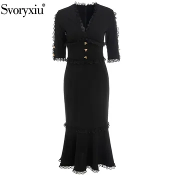 

Svoryxiu Runway Summer Party Vintage Black Mermaid Long Dresses Women's Sexy V-Neck Leopard Button Lace Elegant Dress Vestdios
