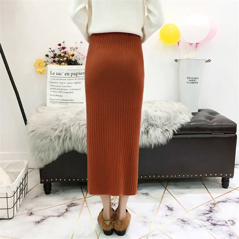 Autumn Winter Front Splited Women Knitted Long Skirt Beading High Waist Knitting Pencil Skirts One Step Lady Mid-Calf Saias Gray