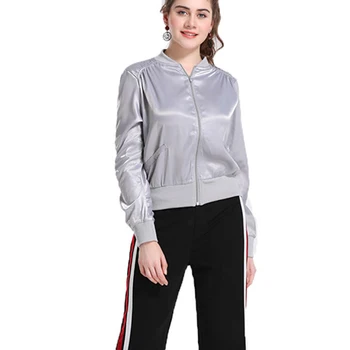 

New Women bomber jacket Autumn Women Thin Silver Tops Celeb Bomber Long Sleeve Casual Slim Coat Fit Outerwear