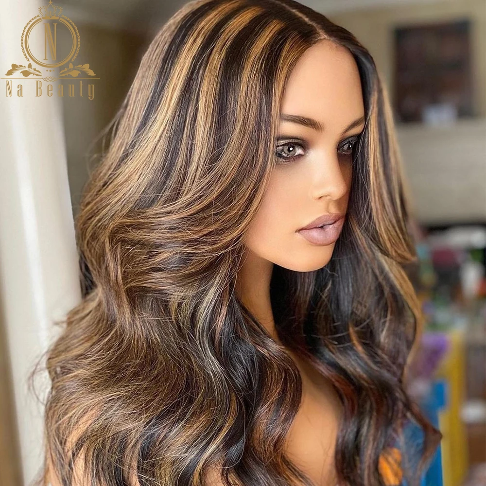 Brown Highlight Wig For Women Human Hair Body Wave Transparent Lace Front Wig Bleached Knots Ombre Wig For Black Women Remy 180