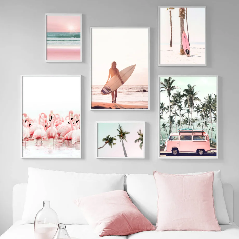Pink-Beach-Flamingo-Palm-Tree-Surfboard-Wall-Art-Canvas-Painting-Nordic-Posters-And-Prints-Wall-Pictures (2)