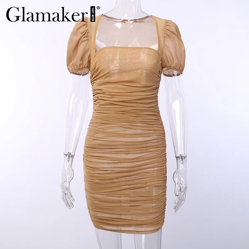 Glamaker Плиссированное сексуальное Сетчатое облегающее короткое платье с пышными рукавами, женское Ретро однотонное осеннее платье, женские вечерние платья цвета хаки, Клубное платье vestidos - Цвет: Хаки