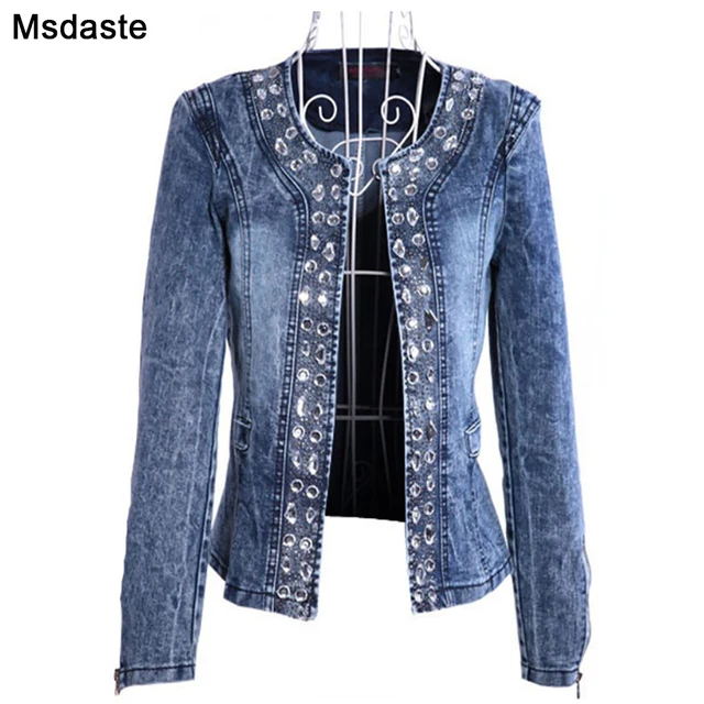 US $16.19 Denim Jackets for Women New Diamonds Paillette Woman Coats Blaser Vintage Water-Wash Casual Lady Je