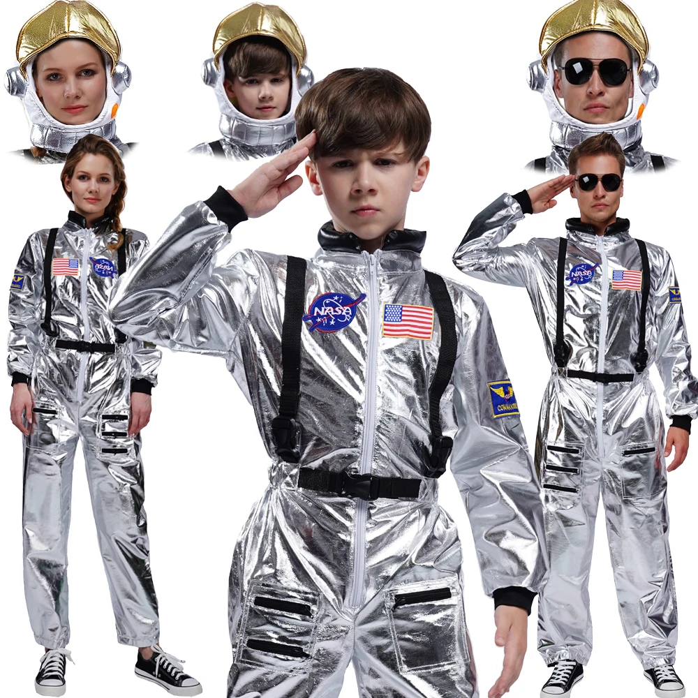 

Adult Men Astronaut Costumes Cosplay Halloween Astronaut Sliver Jumpsuit with Hat Role Play Boy's Astronaut Costume