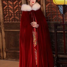 Capa de terciopelo para novia, abrigos navideños de piel sintética con capucha, accesorios de boda rojo vino, envolturas largas