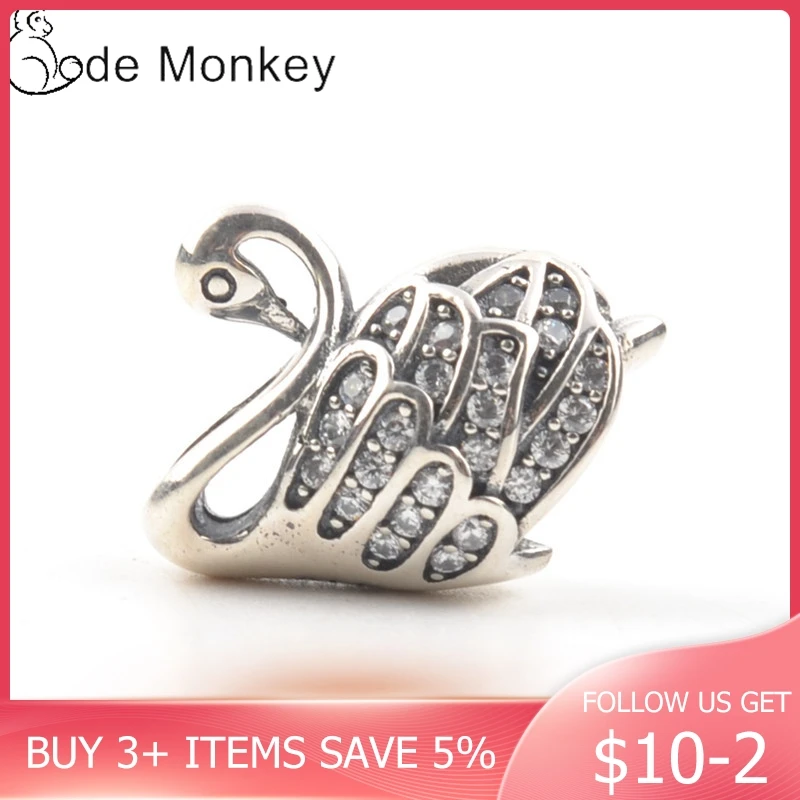 CodeMonkey прозрачный CZ Лебедь Шарм Бусины Подходит оригинальный браслет 100%