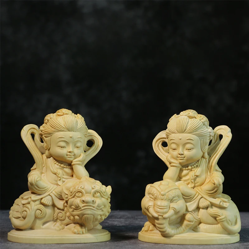 

10CM Cartoon Buddha Statue Boxwood Carving Decoration Solid Wood Craft Sculpture Home Manjusri Sages Bodhisattva Home Decor