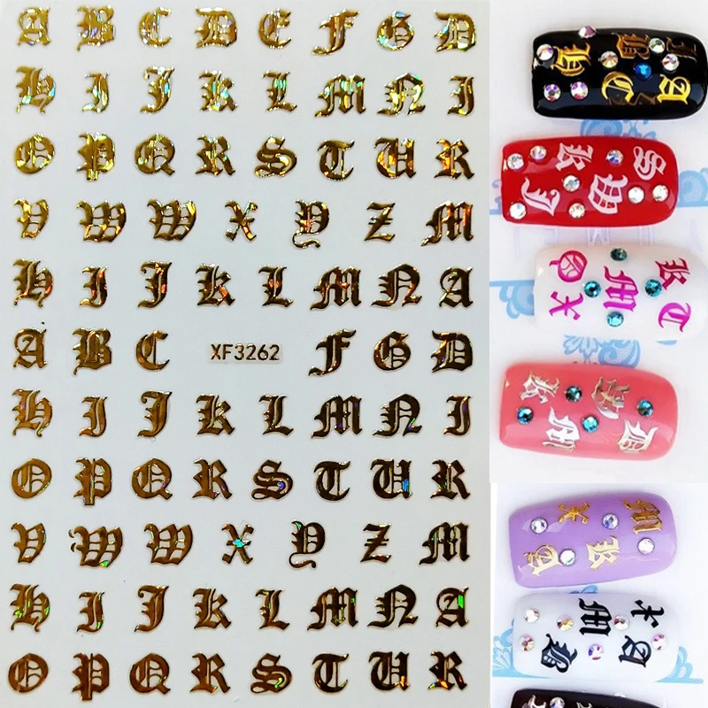

5 sheets/lot New Gum Nail Art Decals Retro English Words Letter 8Color Laser Gold Silver Black 3D Nail Art Stickers Tip 0.04mm