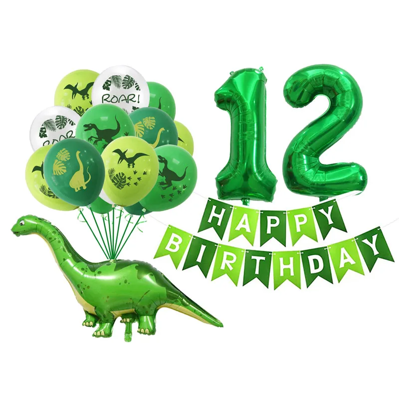

Green Happy Birthday Banners With 12 Inch Latex balloons Number Balls Set Dinosaur Theme Kid's Birthday Party Decoration