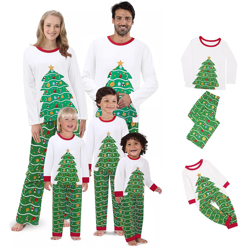 

Christmas Pajama Family Pajama suit Long sleeve Christmas tree cartoon lovely family pajama happy family home clothes Look Match