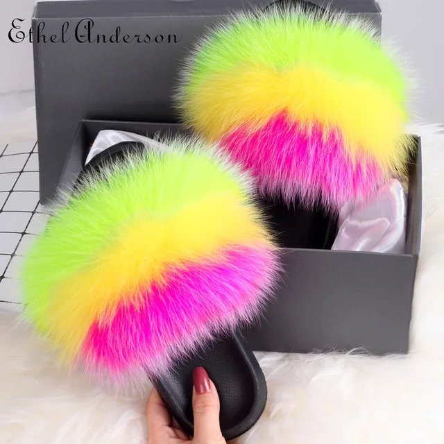 2021 Hot Sale Women Real Fox Fur Slippers Multi-color Summer Fashion Slides Casual Female Furry Shoes As picture
