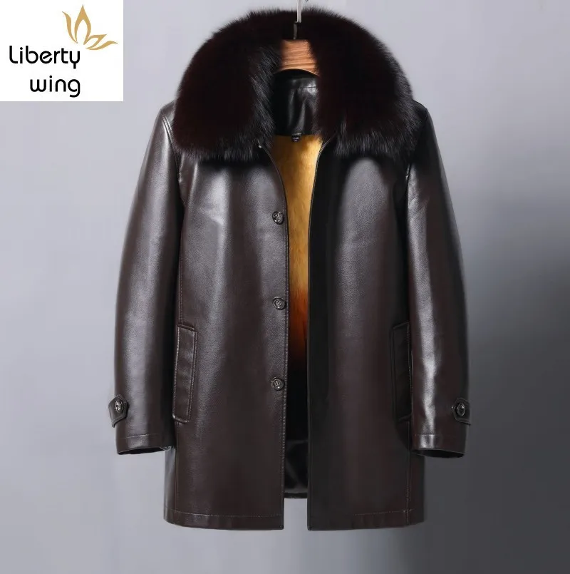 

Smart Casual Detachable Fox Collar Rex Rabbit Fur Mens Faux Leather Jackets Single Breasted Loose Medium Length Overcoats