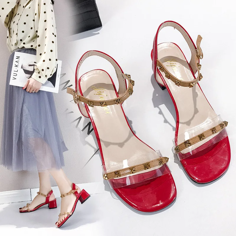 

2019 Summer New Style Fashion WOMEN'S Sandals Fairy Wind Straight Line Buckle Chunky-Heel Rivet Versatile WOMEN'S Shoes