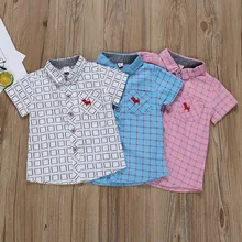 Детская хлопковая рубашка с короткими рукавами для мальчиков, летние клетчатые топы с принтом щенка, рубашки, Повседневная Блузка