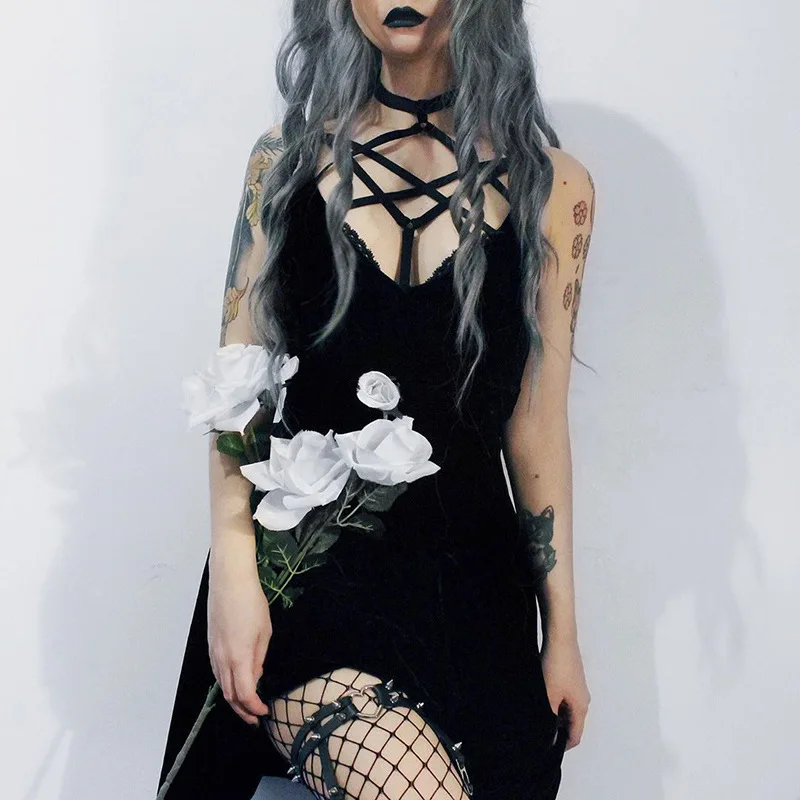 Fitshinling Grunge Goth одноцветное осеннее платье мягкое Открытое Харадзюку с открытой