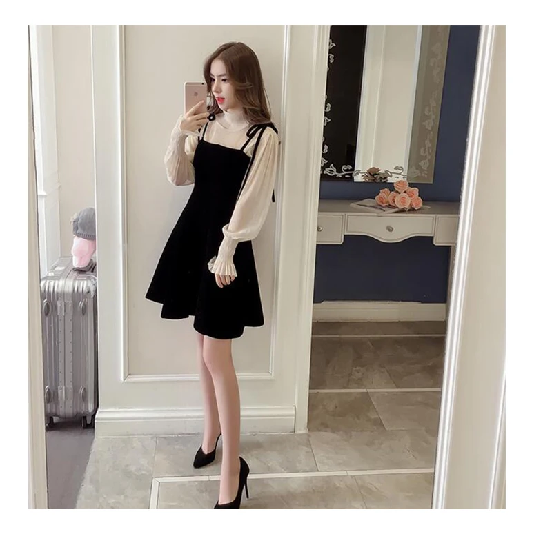 2020 Spring Women Beautiful Transparent Long-sleeved base shirt + suspender dress 2pcs Suit Party Birthday XX058 | Женская одежда
