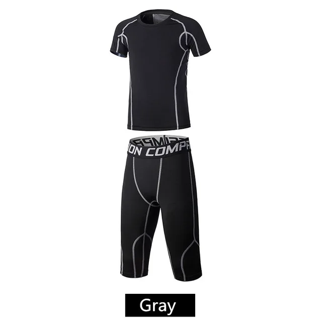 grey line set Быстросохнущая Спортивная одежда для бега, мужские футболки для бега, комплекты брюк, Компрессионные спортивные леггинсы, костюмы, баскетбольные шорты, колготки, одежда - Цвет: grey line set