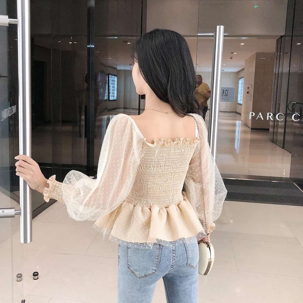 Женские топы и блузки, blusas mujer de moda, рукав-фонарик, квадратный воротник, оборки, короткие шифоновые, в стиле пэчворк, милый стиль, adies