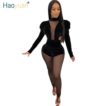 

HAOYUAN Sexy Mesh Sheer Splice Velvet Jumpsuit Women Rave Festival Long Sleeve Club Body Overalls One Piece Rompers Jumpsuit