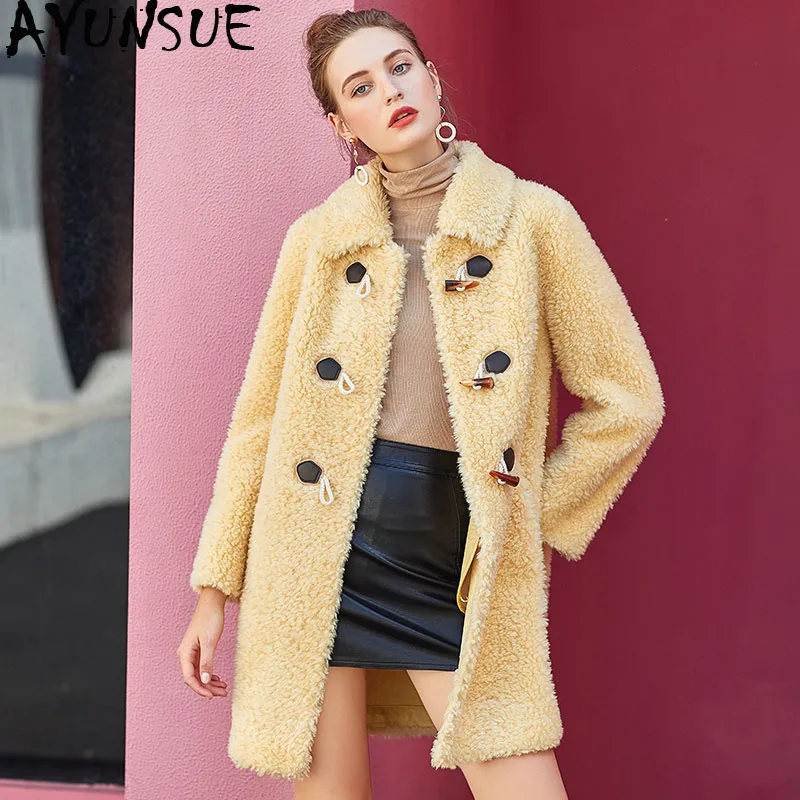 

AYUNSUE 2019 Women's Fur Coat Winter Coat Women Sheep Shearling 100% Wool Coat Female Pink Long Jacket Chaqueta Mujer MY4218