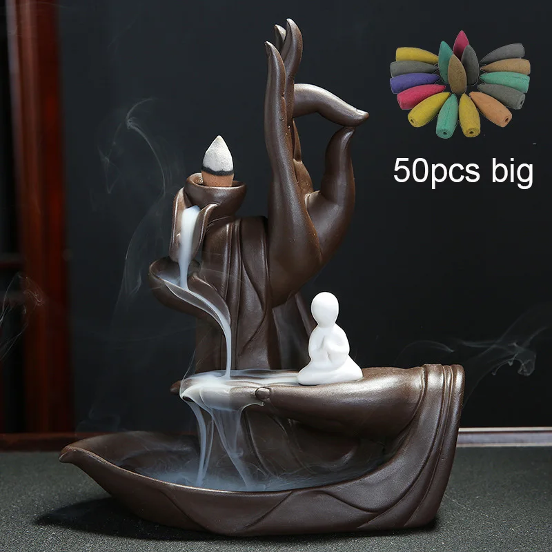 2 with big 50cones Горелка для благовоний с обратным потоком, керамическая башня, держатель для рук монаха Будды, курильница, конусы для благовоний, дым, дропшиппинг - Цвет: 2 with big 50cones