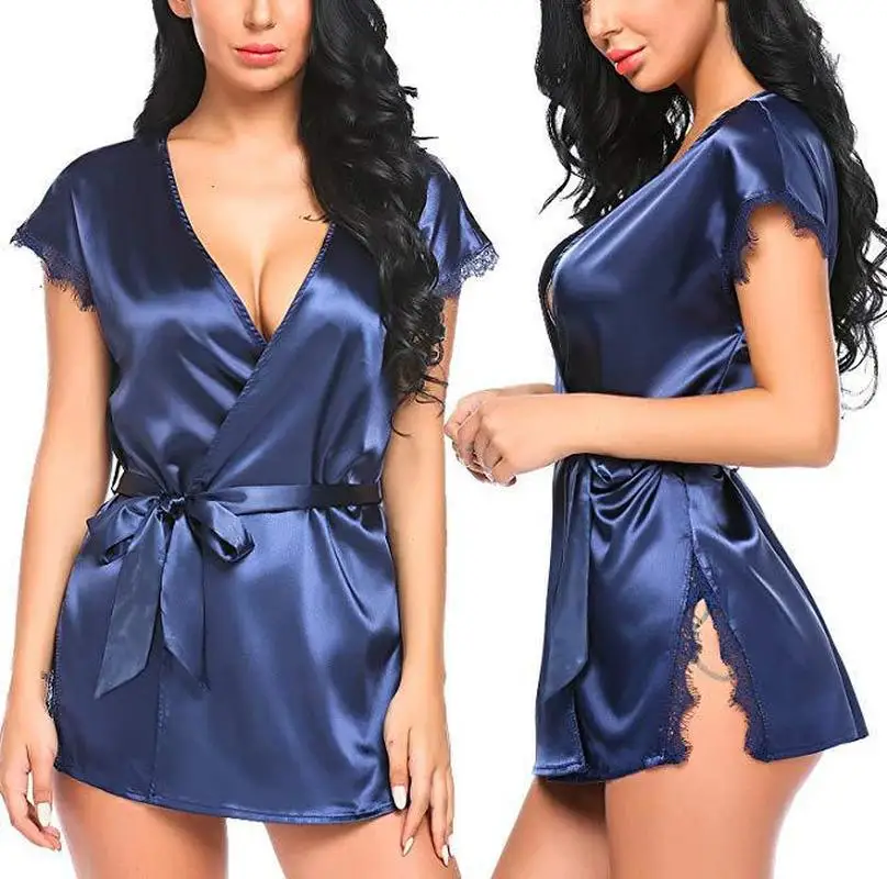 Womens Nightgown Sleepwear Sexy Lingerie Sleep Wear G-string Babydoll Lady Satin Lace Nightdres Mini Solid V Neck Bow | Тематическая