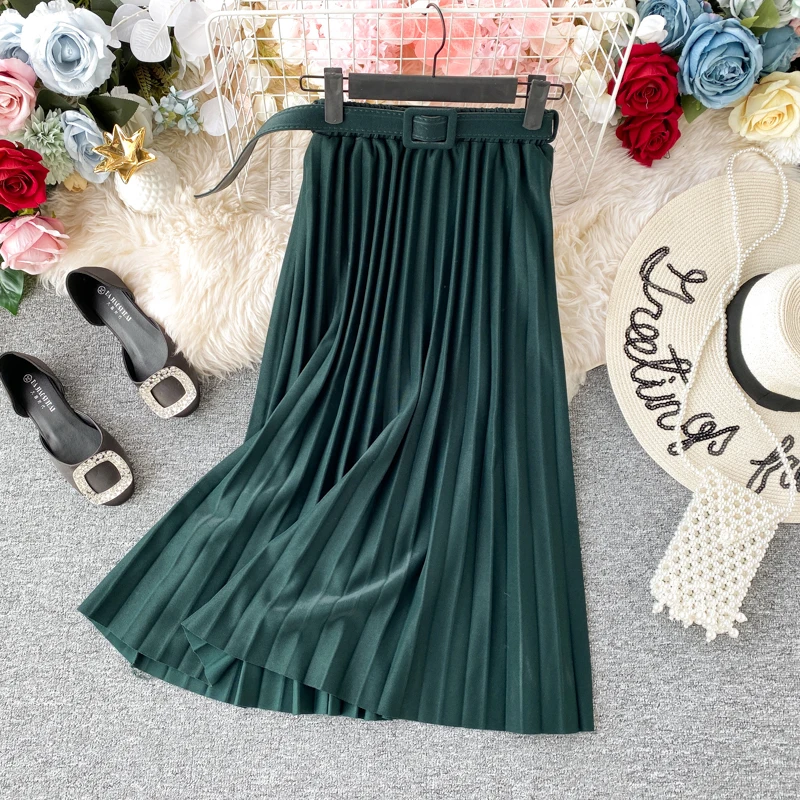 dark green Женские Розовые Юбки миди с поясом и высокой талией, шифоновые гофрированные длинные юбки для женщин, повседневные офисные юбки, Saia Femme Jupe - Цвет: dark green