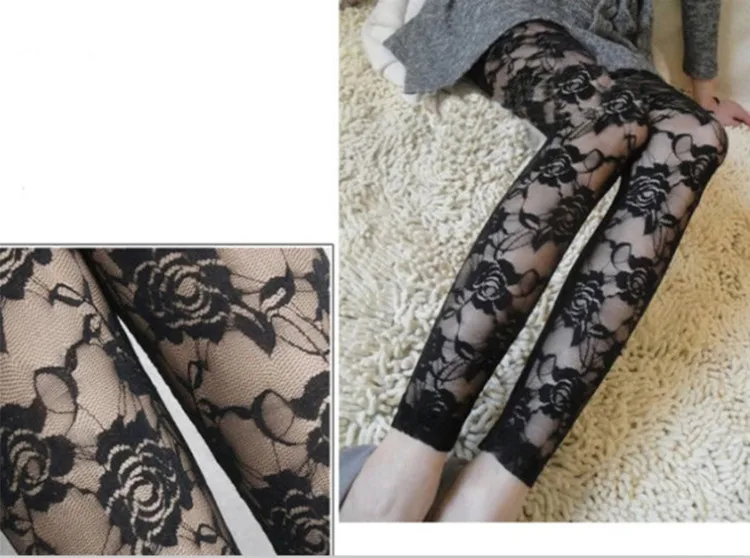 AZUE Sexy Summer Women Rose Floral Embroidery Full Ankle Length Leggings Hollow Out Lace High Waist Skinny Long Leggins gym leggings