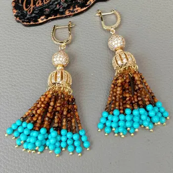 

Yellow Tiger Eye Blue Gems Stone Cz pave Cap Leverback Earrings