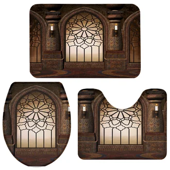 

Palace Gate Imagination Ancient Bath Set Toilet Cover Mat Pedestal Rug Non-Slip Bathroom Rug Set