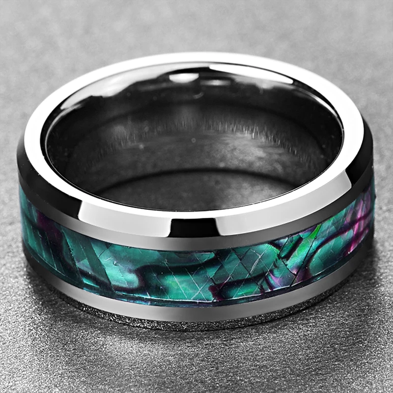 8 мм натуральный Абалон оболочки инкрустация Вольфрам обручальное кольцо с отполированный Скошенный край для мужчин женщин комфорт подходит размер 7-12