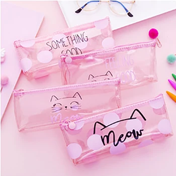 

Cute Cartoon Girls Pencil Bag Student Stationery Portable Pen Pouch Pink PVC Plastic Transparent Cosmetic Storage Bag