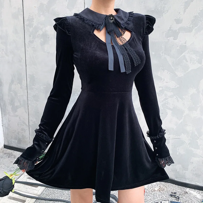 

Goth Dark Hollow Out Gothic Dresses Women Harajuku Pleated Grunge Punk Winter Aesthetic Longsleeve MIni Dress Lace Chic Elegant