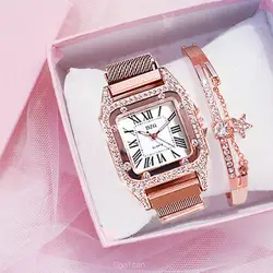 Роскошные женские часы с бриллиантами, квадратные кварцевые женские часы из нержавеющей стали, женские часы, модные женские наручные часы