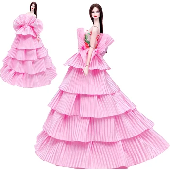 

NK 2020 One Set Doll Pink Cake Dress Princess Wedding Dress Aristocratic Party Dress For Barbie Doll Accessories Best Gift 234A