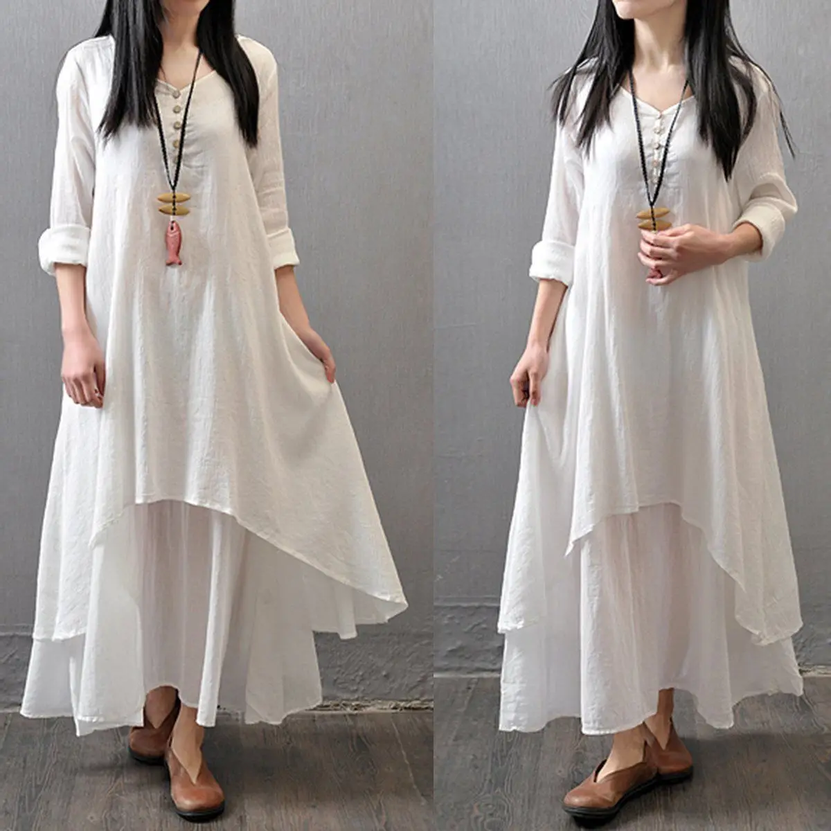 Весна Boho женское V Nekc крестьянское этническое хлопковое льняное Повседневное платье макси с длинными рукавами на пуговицах Несимметричное длинное платье хит